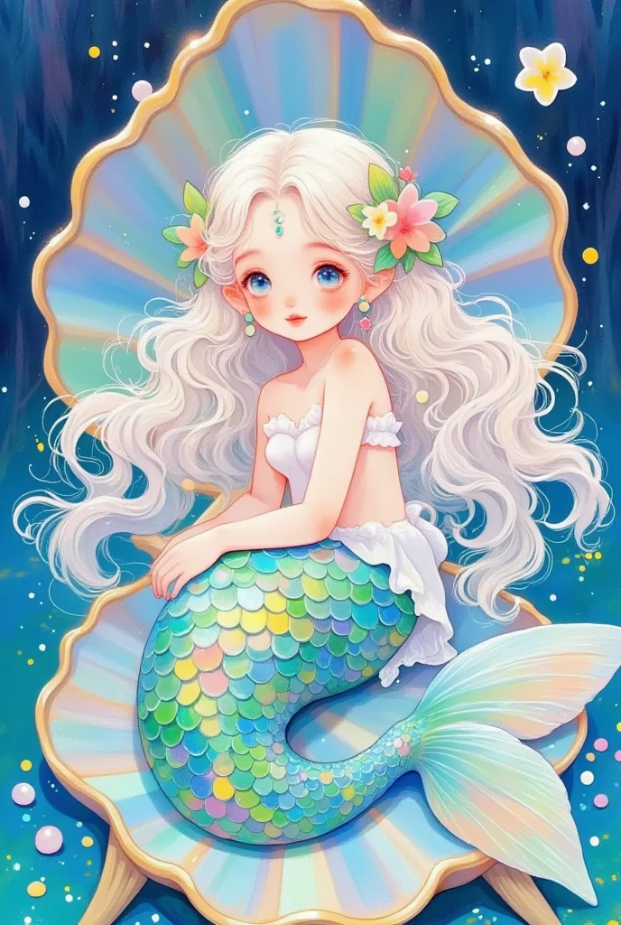 In the shimmering depths of the ocean, a portrait of a mermaid unfolds: Her lustrous tail, adorned with iridescent scales, glides gracefully through the cerulean waters. Long tendrils of seaweed entwined in her flowing hair, crowned with delicate shells and pearls. Her eyes, a mesmerizing blend of azure and emerald, reflect the mysteries of the deep. With a gentle smile on her lips, she exudes an ethereal beauty that enchants all who gaze upon her. Flat illustration by James Jean, highly detailed, 8K, HD, best quality