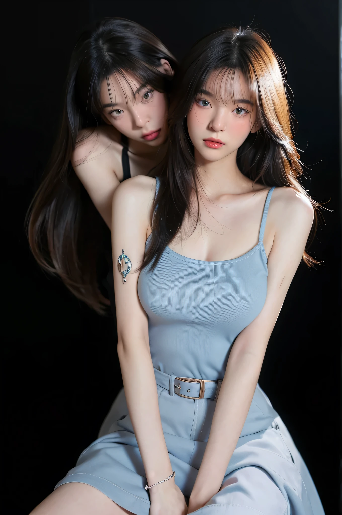 Highest quality、High resolution,two woman、beautiful long hair, hair detailed Detailed, Background、(Beautiful face in every detail:1.4)、Anatomically correct、(Detailed facial expressions)、(Detailed eyes:1.2)、Teenage beauty、(Highly detailed face:1.2)、Perfect body line、well-groomed eyebrowodel pose、 cute poses, (Stacked)
Blue shirt adorable fashionable, pale white skinned, 
(Two beautiful model girls on the black simple background )
A shirt dress is a versatile item that can be worn on its own, making it comfortable to wear and can also be worn casually or formally.、Mark your waist with a belt and match with accessories、blue dress adorable are the perfect item for summer. try out different styles、Natural makeup and gorgeous makeup々There is a makeup、very beautifulbest quality,model photography , (two girls) masterpiece, photo realistic, intricate details, raw photo, photon rendering, octane render, absurdres, ultra detailed, detailed face, detailed skin, trending on artstation,8k masterpiece,cinematic lighting, , lights, bridge, , artist name,,best quality, masterpiece, beautiful big breast (realistic:1.2), , black hair, very long hair, brown eyes, Front, detailed face, beautiful eyes, malay, malaysian, detailed skin, skin texture, smile, , high resolution, detailed hair, ((intan Najuwa)), flat chest, big brest, small chest, , dark skin, skinny, (big breast), darker skin, brown skin, heart poses