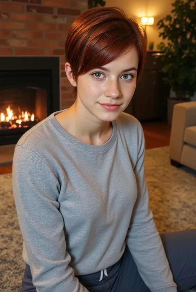 young girl, feminine figure, redhead, freckles, best quality, realistic skin texture, photography, detailed facial features, film grain texture and high contrast, extremely high-resolution details, photographic, photorealistic, hyper-realistic, HDR, masterpiece, ((very short pixie style hair)), thin waist, wide hips, sitting in front of the fire in the living room, wearing a blue sweater and sweatpants, smiling