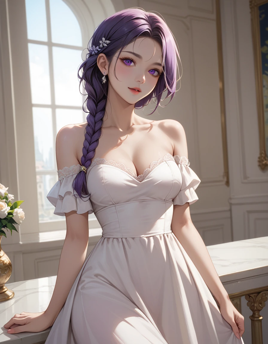  1 girl, high definition ,  High Quality , masterpiece,  mxmk white dress, bare shoulder,  purple eyes,  white dress,  braided 