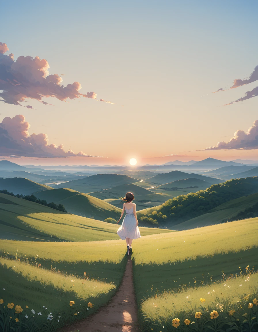 Hair floating in the air,  back view,  look at the sun, 空にuniverse船がある, Three Suns,  dark-haired girl ,  girl, Standing in the grassland, landscape, universe, 8k,  super detailed