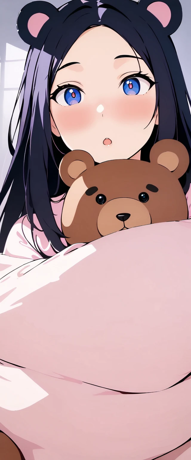Naked woman hugging a giant stuffed bear