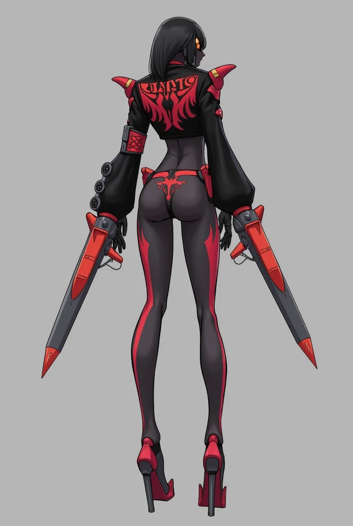 matoi ryuuko, dark armor, magical girl, dragon wings, kill la kill, red hair, large breasts, abs, wide hips, thick thighs, thick arms, pants, standing, black body suit, full body, boots,smile, pullover, miniskirt, black pullover,, black bodysuit, red hair, sword holding, bodysuit in the chest