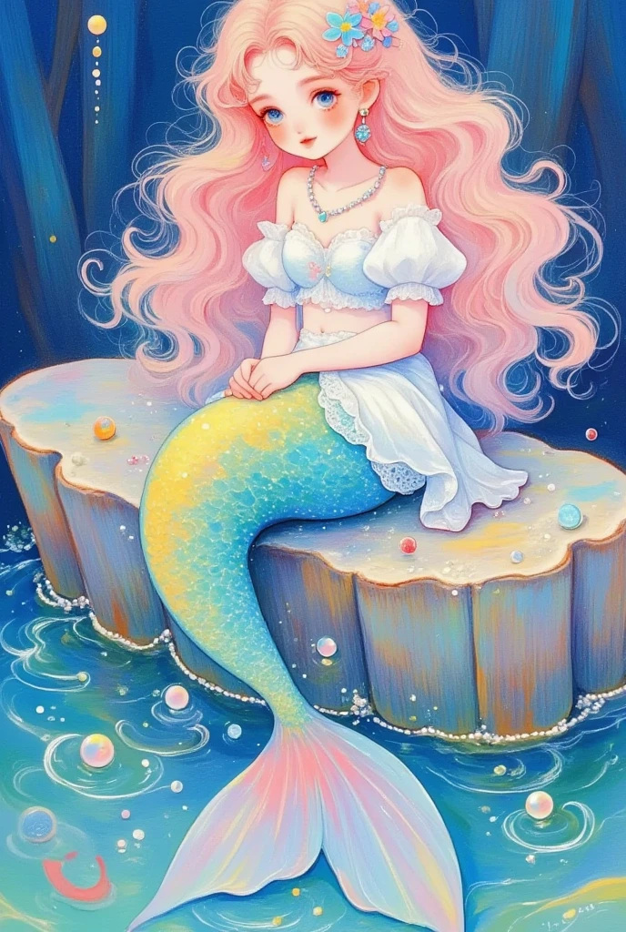 girl,mermaid,oil painting,french style,sitting on the stone,peral,blue,pink,beautiful tail,white face