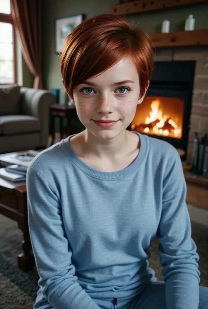 young girl, feminine figure, redhead, freckles, best quality, realistic skin texture, photography, detailed facial features, film grain texture and high contrast, extremely high-resolution details, photographic, photorealistic, hyper-realistic, HDR, masterpiece, ((very short pixie style hair)), thin waist, wide hips, sitting in front of the fire in the living room, wearing a blue sweater and sweatpants, smiling