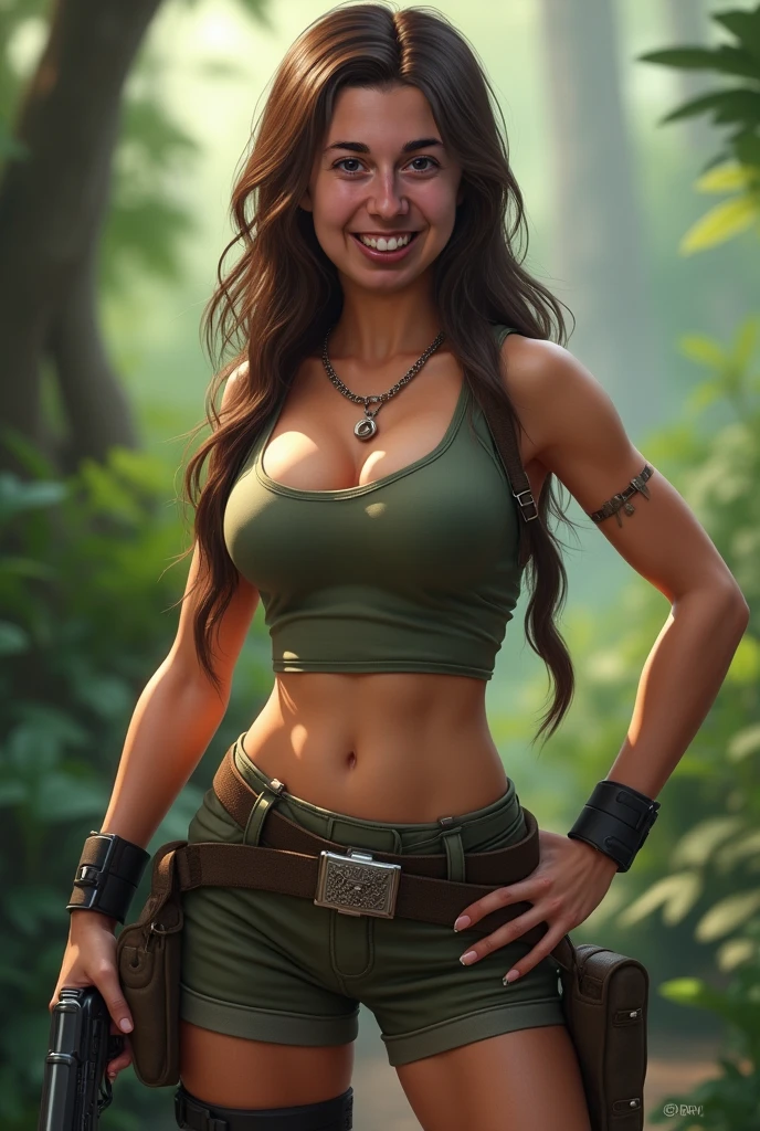 <lora:tomb_rider_cosplay_outfit:0.7>, (smiling girl wearing sunglasses:1.2), tomb raider cosplay, girl with massive bust, (underwear model:1.5), (wearing a tank top and short pants:1.3), (masterpiece:1.2), best quality, (happy girl with huge boobs:1.5), stunning, vibrant colors, small waist girl posing for a frontal photo with perfect body, 25 years old full body girl with huge breast, (girl with huge chest:1.5), (big breasts:1.5), octane render, estilovintedois, fabric olive green top and leather brown pants, ancient ruins background with green moss, perfect shape face with mouth and red lips, perfect big eyes, Biopunk full body, cinematic lighting, beautiful face, very detail, very realistic, photo camera realistic, 4k, 8k, UHD, model fit girl with perfect v shape face, with gloves and guns, cinematic, colorful background, concept art, dramatic lighting, high detail, highly detailed, hyper realistic, intricate, intricate sharp details, smooth, studio lighting, trending on artstation, pony tail hair style, symmetrical sunglasses, detailed by artgerm, detailed by greg rutkowski, detailed by alphonse mucha.
