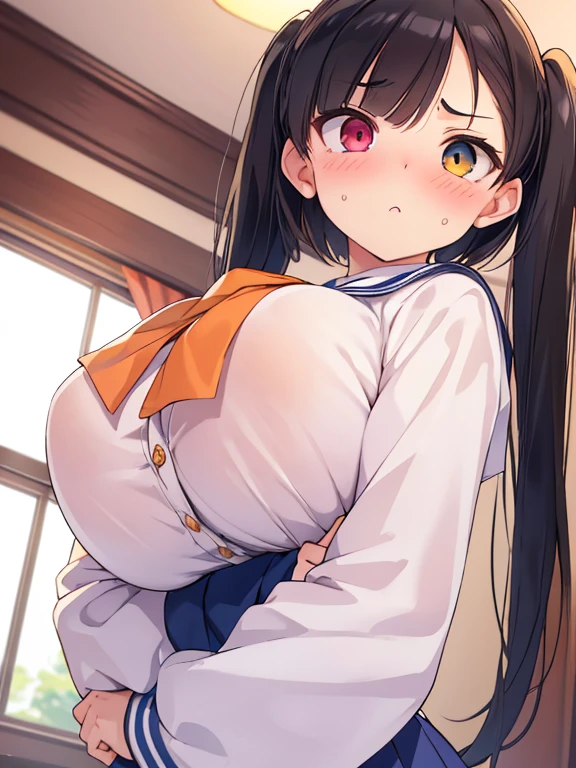 (ultra-detailed, master piece, best quality, high resolution, beautiful hair, beautiful eyes, expressive eyes, perfect face, perfect and correct human anatomy),
Room,
A girl with slightly frizzy hair, short cut, high twin tails up both sides, black hair, super baby face, big droopy eyes, heterochromia, pink eye, orange eye, very huge breasts, looking down at you angrily with a cute face, blushing a little, cheeks puffed out, (crossed arms), disdainful eyes,
(oblique angle from below),
He is wearing a school uniform,
(from below , upper body)