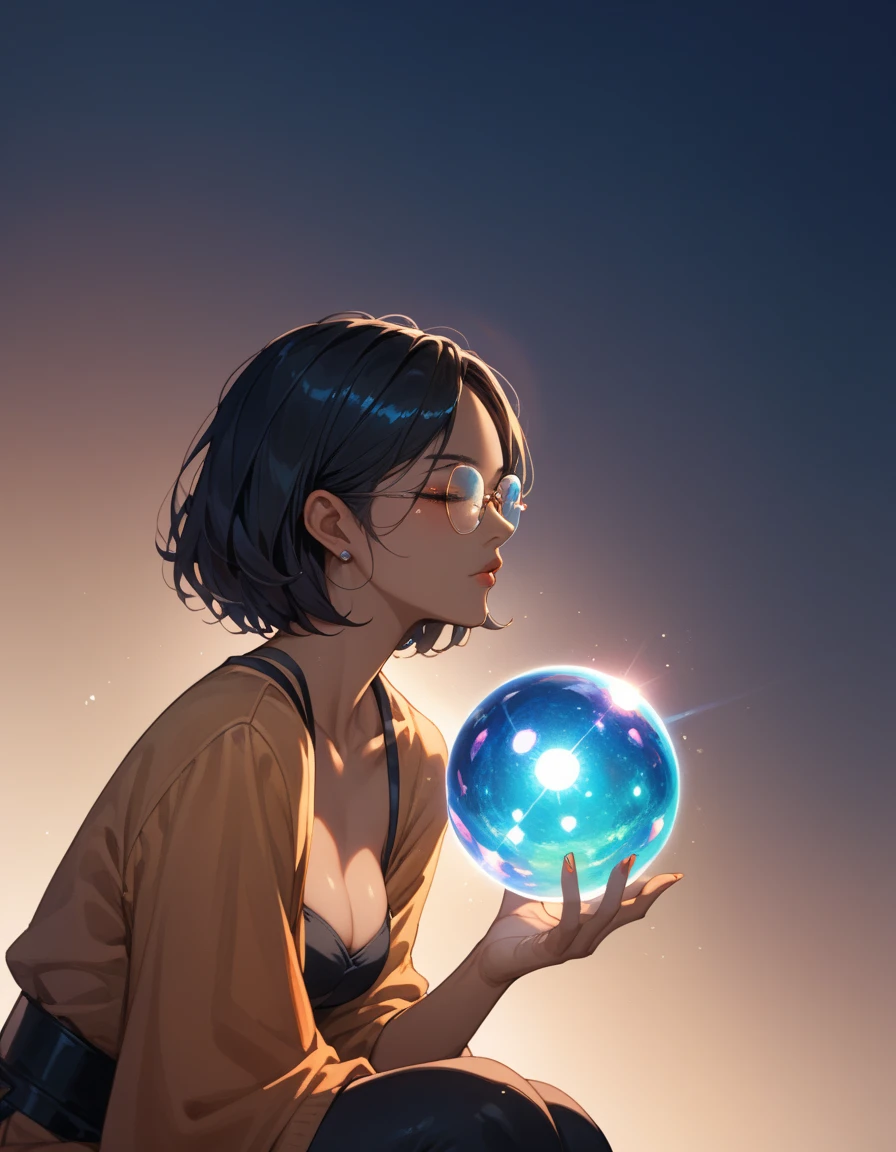 (( 1 girl)), Anime,  black hair, Dark Skin, Shiny glasses lenses, Mouth closed and expressionless,  is sitting, She holds a glowing sphere in her hand.、Two other glowing spheres orbit her..