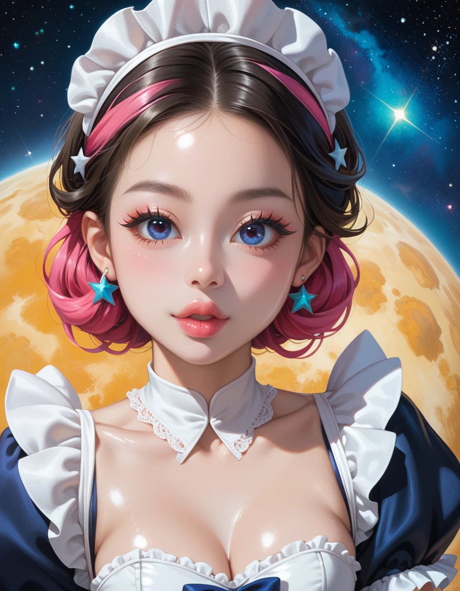 masterpiece,  best quality, masterpiece, God-like quality, Godly art,  high-definition face , whole body, High realism, cute,  young girl, Big Eyes,  has long eyelashes, Multicolored Hair,   eyes with one eye covered , shiny skin,  Plump Lips, Big Lips, shiny skin,  blanking, Spectacular views, In space, starの背景, star, Shining, Multicolored Light, Maid Costume