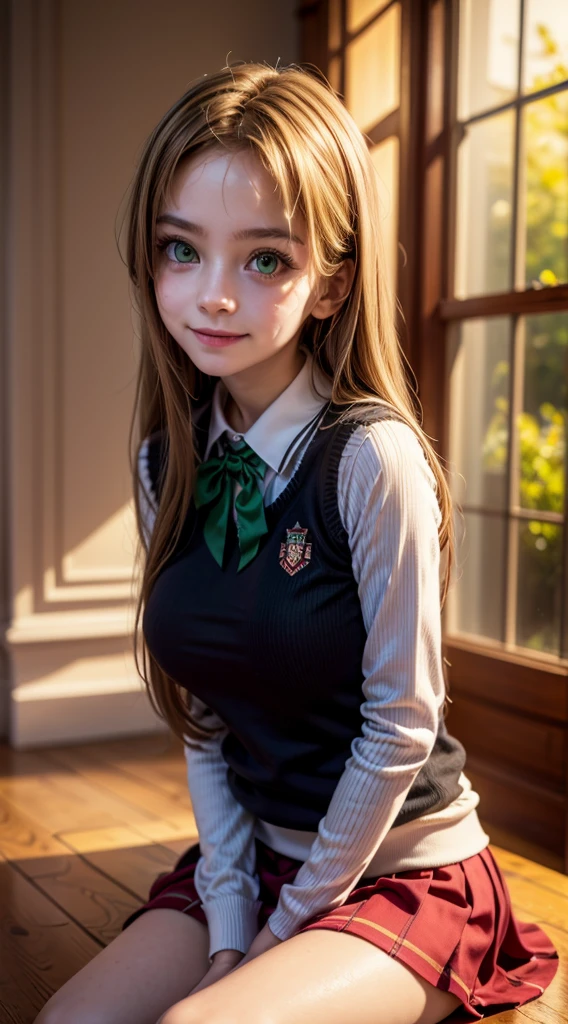 16k, highres, masterpiece, best quality, realistic, cinematic photo a very short girl, solo, (looking at viewer:1.2), high definition, 8K, detailed face, grabbing her breast, showing her breast,  (1girl, Hair Color/Style: long blonde hair, straight, center-parted bangs
Eye Color: (green eyes:1.3) — des yeux verts éclatants, captivants hairclip, medium breasts,,smile)), (( Outfit: school uniform, black sweater vest with white long-sleeved shirt underneath, red bow tie, burgundy pleated skirt
Accessories: small embroidered patch on the sweater, subtle makeup for a natural look
Pose: seated pose, slightly leaning forward
Expression: gentle smile, warm and inviting gaze
Setting: indoor room, wooden floor, sunlight streaming through a window
Lighting and Atmosphere: soft morning or afternoon light, calm and cozy atmosphere, warm tones))), luminous forest,((large breasts)), slim and thin, body of equal proportions, ((focus on her breast)), front view, four fingers and 1 thumb, ((2 hands)), Blonde hair, Beautiful smile, Smiling at viewer, blushing cheeks, (brown eyes:1.2),

