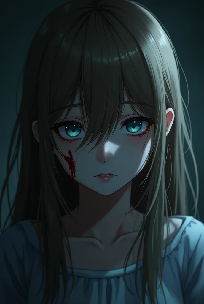 by ttosom, 1 girl, blue eyes, brown hair, long hair with bangs, bust, upper body, upper body naked, no clothes, bare shoulders and collarbones, looks at the viewer, creepy look, small smile, empty eyes, blood on the face, black background, detailed, beautiful, delicate tones