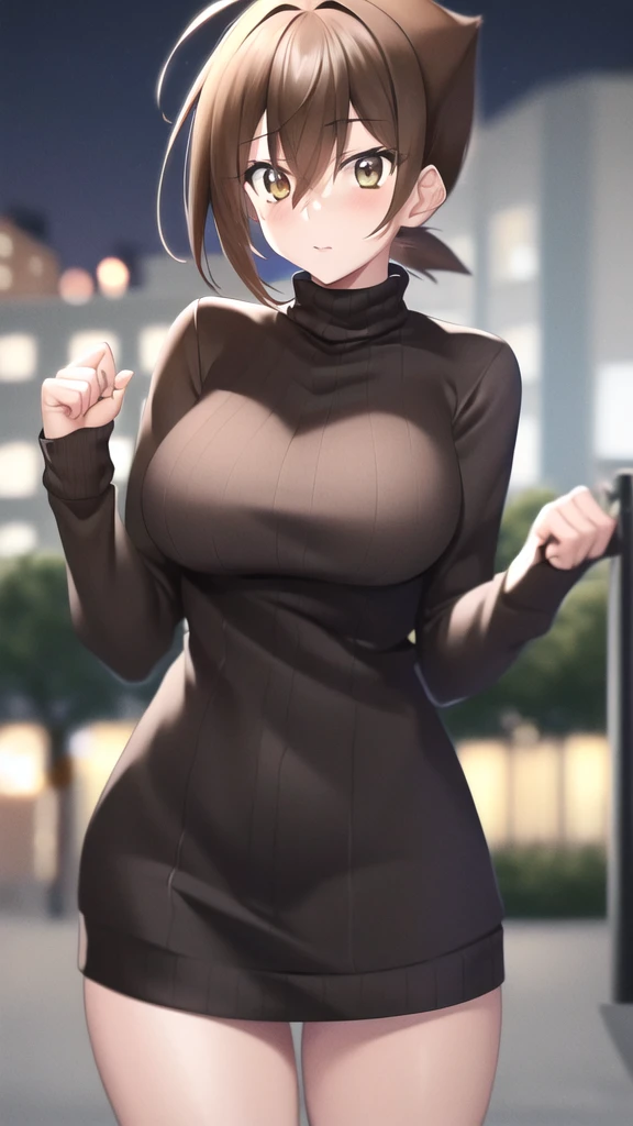 masterpiece, best quality, highres, looking at viewer, girl, solo, issei_hyoudou, brown hair, brown eyes, hair between eyes, large breasts, sweater dress, long sleeves, turtleneck, outdoors, street, standing, cowboy shot, night