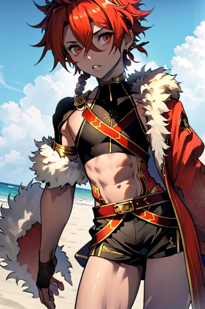 Alexander )fategran order ) on the beach wearing shorts with gold and black details with her toned body