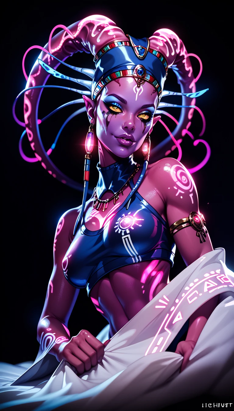 Ancient Extraterrestrial Creature, Alien Being, ((Non-Human)), Female seductive Alien, colorful skin, Revealing Glowing Biopunk, Holographic Alien Tribal, Tribal Alien Priestess, Glowing Makeup, Blacklight, Glowing, Seductive Alien Technology, Black Background, Character Design Sheet