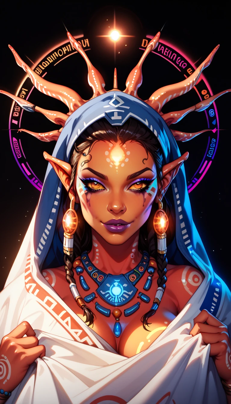 Ancient Extraterrestrial Creature, Alien Being, ((Non-Human)), Female seductive Alien, colorful skin, Revealing Glowing Biopunk, Holographic Alien Tribal, Tribal Alien Priestess, Glowing Makeup, Blacklight, Glowing, Seductive Alien Technology, Black Background, Character Design Sheet