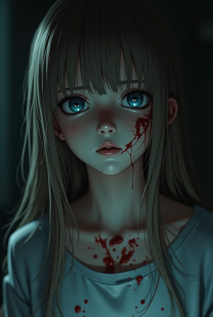 dead girl crawls on the floor with bloodied body, wide sad eyes, expression of pain, bloody puddle, bloody dress, filthy dark basement full of garbage, darkness, fog, mist, creepy, UHD, high details, best quality, highres, 8k