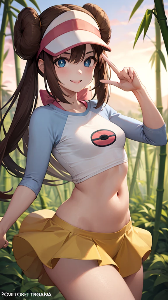 The Masterpiece， best possible quality， high - resolution， ro1， hair in bun， blue eyes， twintail， Sun hat， Panty hose， raglan sleeves， yellow panties， Crop top with an open belly， Pink bow， standup， cowboy shot， out door， shot on the body， prengant