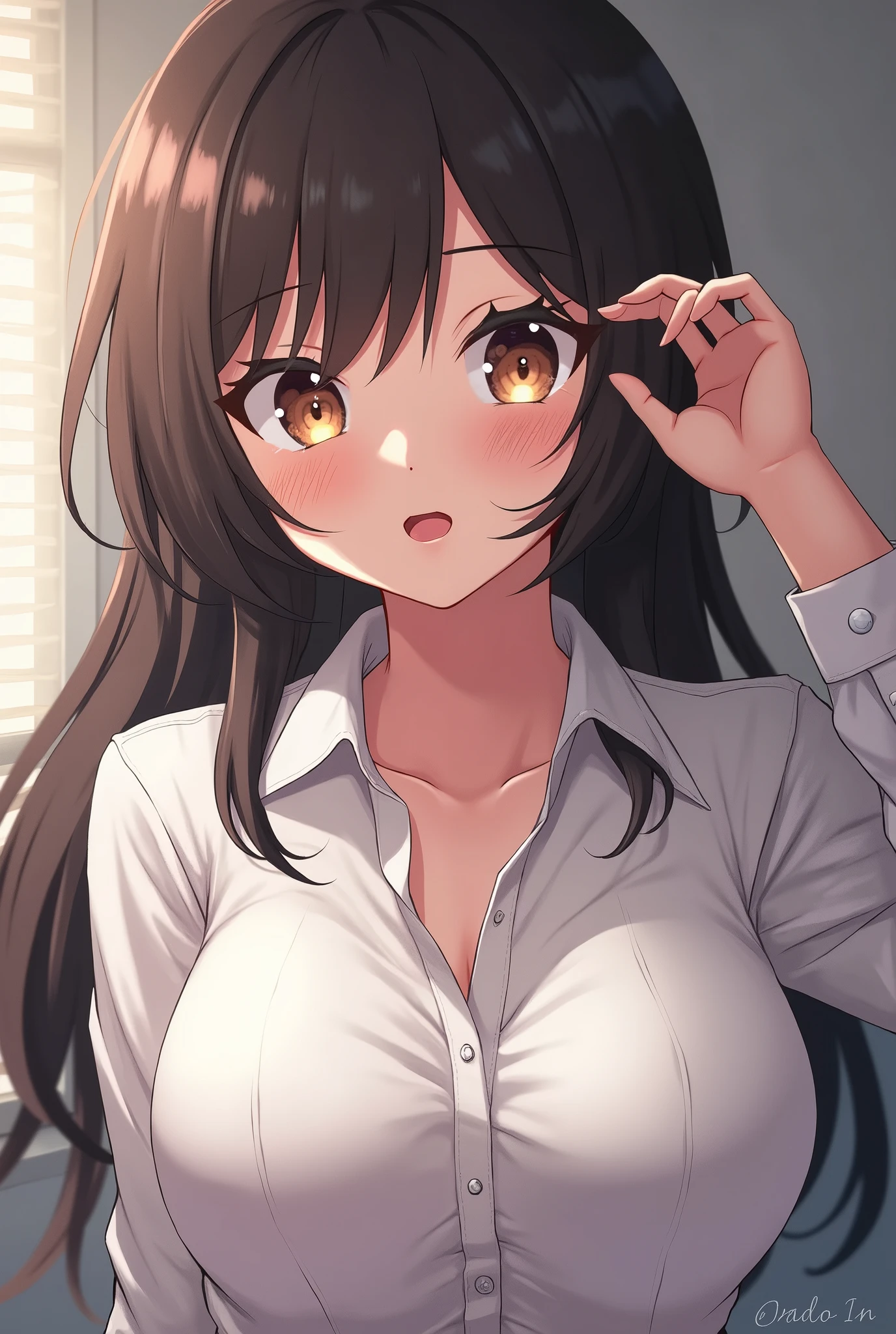 Anime girl with long hair and white shirt holding cell phone - SeaArt AI