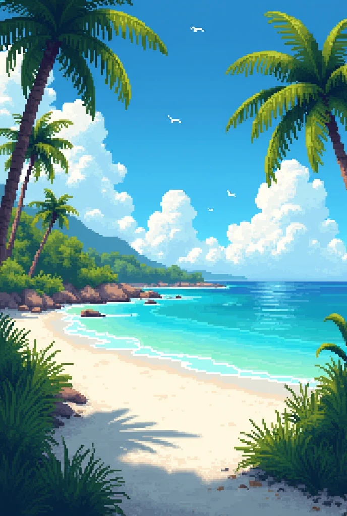 pixel art, pokemon field beautiful, white sand beach, sunny day, few clouds in the sky, sunlight, blue waters with azure, palm trees, beach grass, landscape, no people in sight, birds flying in the sky (((LANDSCAPE))) ((close view)), background, masterpiece