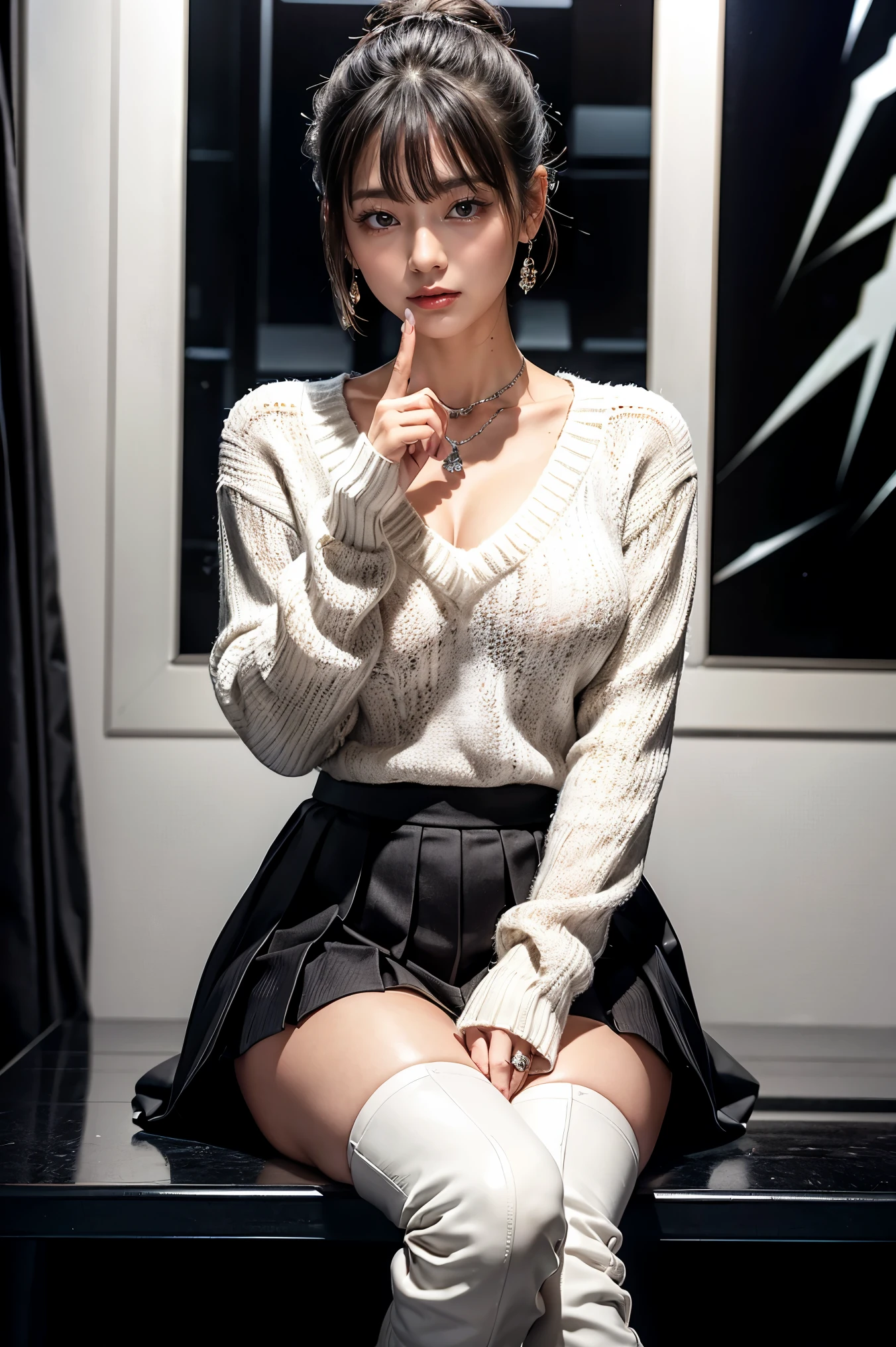 Waist high, fantasy art, photorealism, dynamic lighting, art station, poster, volume lighting, highly detailed face, (official uniform: 1.4), long hair, sweater, delicate clavicle,  shoulders,  augmentation, small waist, , legs, clear white lace dress, kneeling, from below, looking at viewer