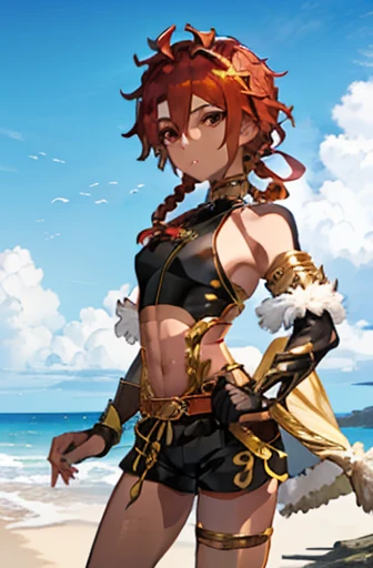 Alexander (fate gran order) on the beach wearing shorts with gold and black details with her toned body