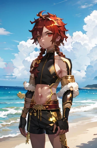 Alexander (fate gran order) on the beach wearing shorts with gold and black details with her toned body