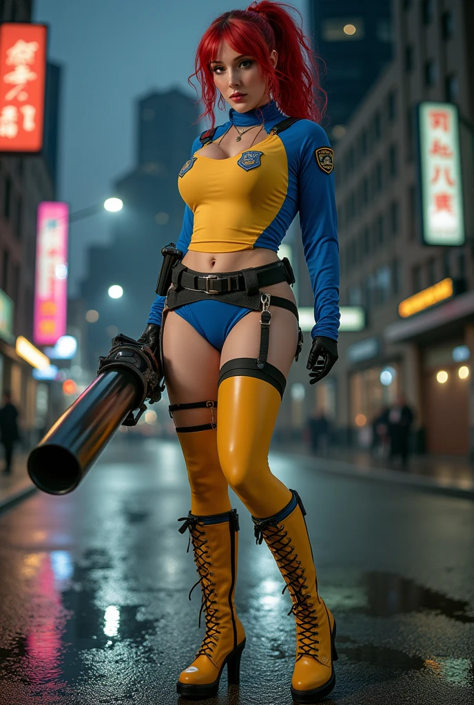 unreal-engine:1.4,Ultra-realistic 64K CG, Fotorrealista:1.4, Skin texture:1.4, tmasterpiece:1.4,Pose behind a beauty with doll lingerie、Yellow cyberpunk-style shorts, Red pantyhose , Blue miniskirt,,Stand on the street of cyberpunk