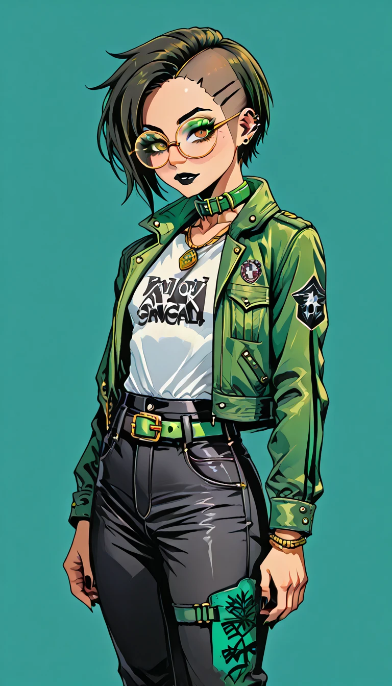 1boy;Androgynous;Japanese;dark brown punk undercut hair;gold eyes;freckled skin;toned,athletic body;black lip gloss;black eyeliner;green eyeshadow;sharp black nails;round glasses;black tight full shirt;black cargo pants;green belt;Green Canvas Jacket;Combat Boots;amber pendant;green collar;pierced ears;GothMOONXL
