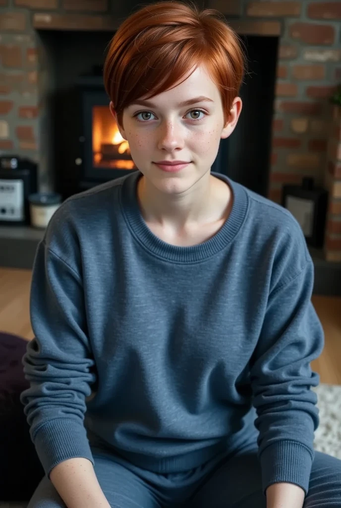 young girl, feminine figure, redhead, freckles, best quality, realistic skin texture, photography, detailed facial features, film grain texture and high contrast, extremely high-resolution details, photographic, photorealistic, hyper-realistic, HDR, masterpiece, ((very short pixie style hair)), thin waist, wide hips, sitting in front of the fire in the living room, wearing a blue sweater and sweatpants, smiling