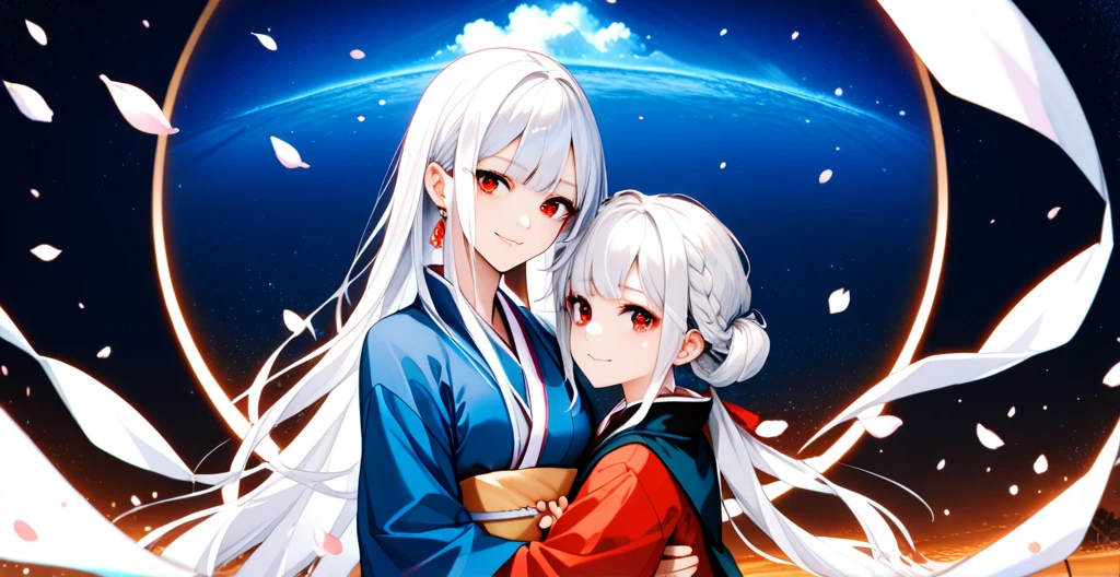 Highest quality, high resolution, anime A young girl wearing a long-sleeved kimono is standing Two people are embracing each other White hair and red eyes Small and beautiful breasts The whole body is a mysterious long-sleeved kimono Ruffles Beautiful long hair A beautiful world High quality High quality Beautiful background A beautiful and high-quality night view gazing at the viewer A dazzling smile