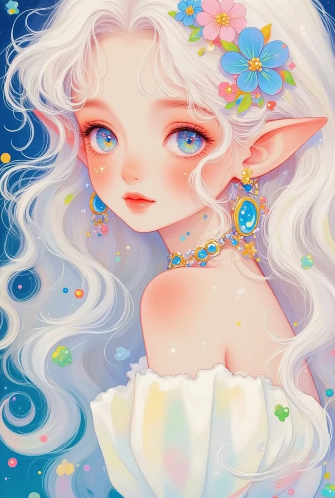 Close-up of a woman with white hair and blue eyes,  exquisite digital art ,  fantasy art style , and loish and wlop, Beautiful digital illustrations, Elf Princess, Elf Girl, 8K high-definition detailed picture,  a beautiful art illustration ,  Portrait of a Fairy ,  soft anime illustration ,  Beeple and Jeremiah Ketner's style ,  anime fantasy illustration 