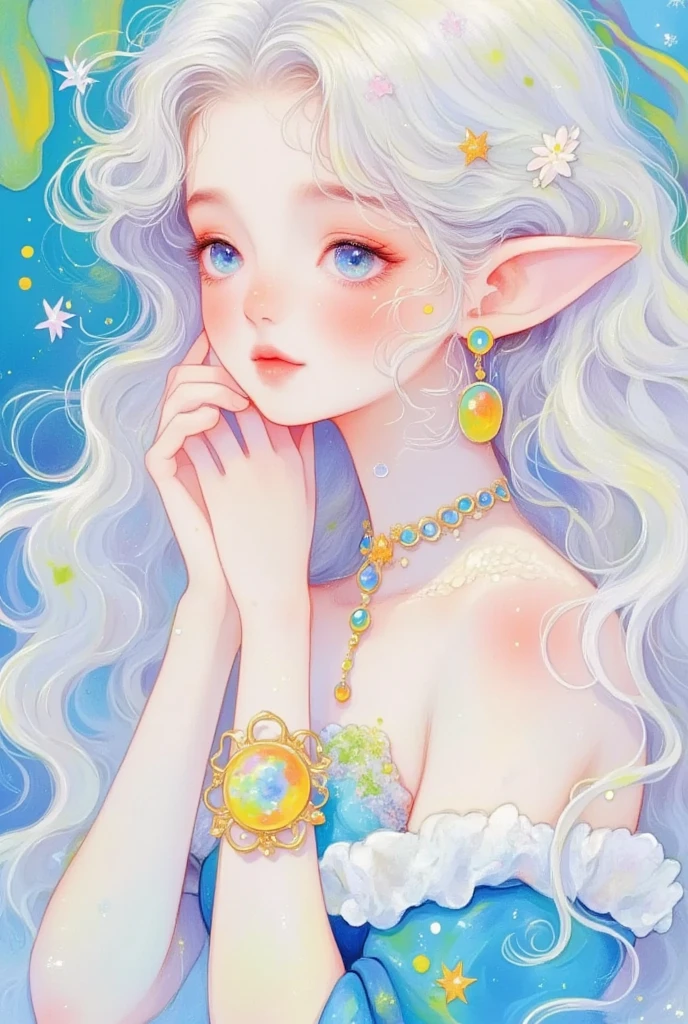  A detailed painting，Closeup of a woman with white hair and blue eyes, Tooth Wu , ArtStation, Fantasy Art,  exquisite digital art , Fantasy Art style, and loish and wlop, Beautiful digital illustrations, Elf Princess, Elf Girl, 8K high-definition detailed picture,  a beautiful art illustration ,  Portrait of a Fairy ,  Beeple and Jeremiah Ketner's style 