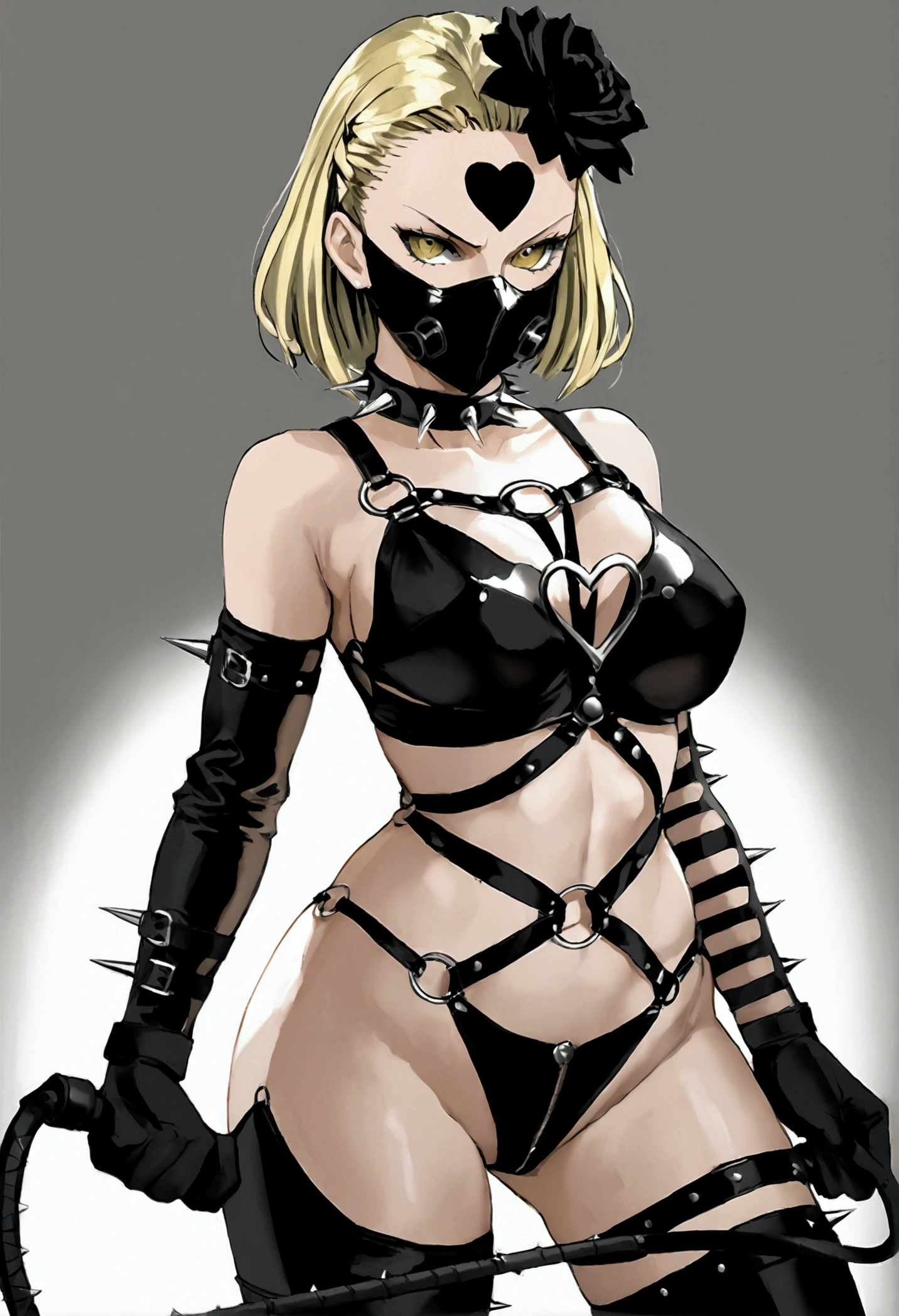 Drawing of ((best quality)), ((masterpiece)), (detailed), perfect face,dutch angle, torso shot, perfect face,super s mask,hart shaped pupils, gothic, solo 1super s, bondage outfit, spikes, spiked collar, black flower,spiked whip, collar, hair ornament, long platinum blonde hair, heart, thigh highs, huge breasts, bdsm bikini, bondage straps , gloves, holding whip, looking at viewer, navel, super-S from manga "one punch man”, medium shot, lighting, artwork, blank background