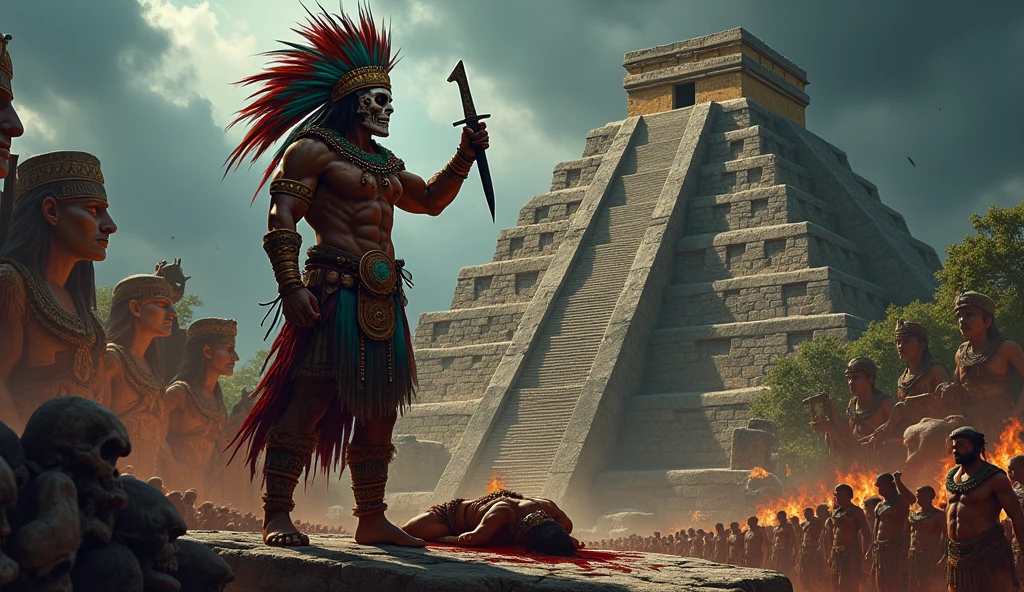 masterpiece:1.2, exceptional quality, cinematic experience, best illustration:2.0), (ultra-high resolution), (super detailed), (8k), (American comic style:2.0).

Draw a powerful scene at the peak of a grand Aztec pyramid under a dark, stormy sky. In the foreground, a fierce Aztec priest stands in the midst of a ritual sacrifice. He is adorned in elaborate ceremonial attire, with an intricate headdress made of deep red, green, and blue feathers, each feather meticulously detailed and rising above him like a crown. His face is painted in black and red to resemble a skull, his eyes piercing and intense. His muscular arms, decorated with golden bracelets, hold a sharp obsidian knife above the sacrificial altar, its dark blade glinting ominously.

The priest’s chest is covered with symbols of power in earthy colors, and he wears a chest piece adorned with jaguar teeth and jade stones, symbolizing his high rank and connection to the gods. A belt made of woven fibers and decorated with skulls and bones wraps around his waist, emphasizing his role in this ritual. Below him on the stone slab lies a bound warrior, his chest opened, revealing a still-beating heart, while a crowd gathers below the pyramid, their faces a mix of awe and dread. Fires burn beside massive statues of Aztec deities, casting flickering shadows across the scene, with blood-stained stone steps leading down from the altar. The entire scene is thick with tension, capturing the raw power, intensity, and reverence of this ancient ritual