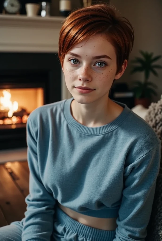 young girl, feminine figure, redhead, freckles, best quality, realistic skin texture, photography, detailed facial features, film grain texture and high contrast, extremely high-resolution details, photographic, photorealistic, hyper-realistic, HDR, masterpiece, ((very short pixie style hair)), thin waist, wide hips, sitting in front of the fire in the living room, wearing a blue sweater and sweatpants, smiling