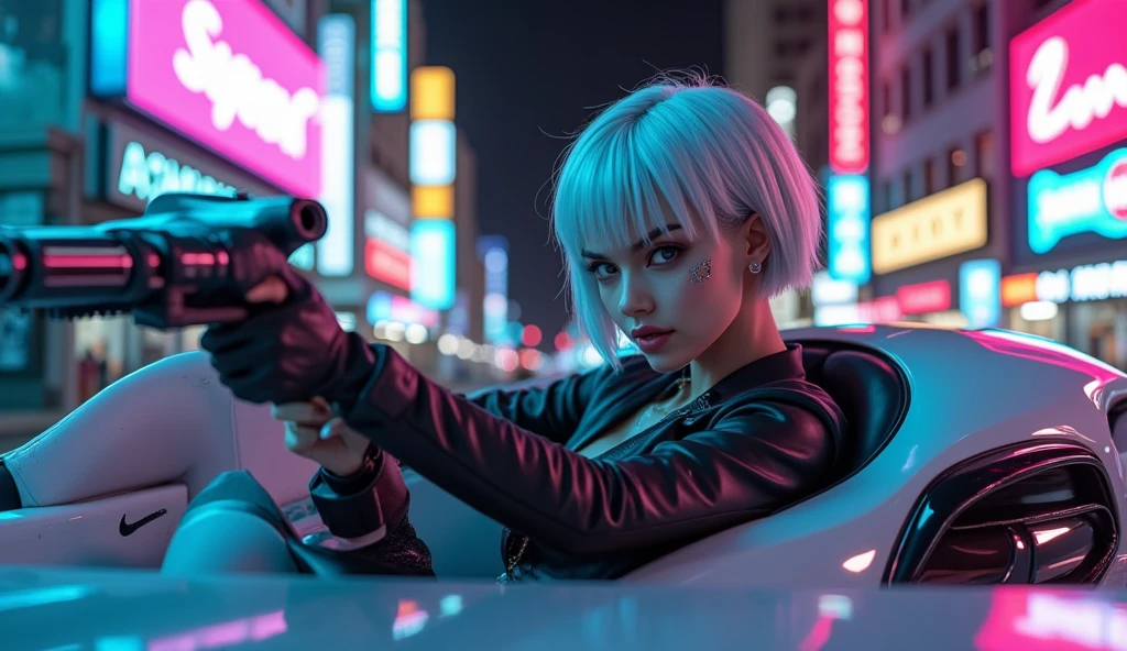 "Ultra high resolution, UHD, Ultra-detailed, hyper-realistic skin texture, high-quality rendering, Photorealistic portrait ,                 lucynova" “choppy bob, asymmetrical pure white hair styled in a layered "Short Pink and blue highlights” sitting in car , on the streets, white sports car, door open, neon tyres , cyberpunk city, neon lights, neon signs , future world,  holding a gun, wearing cyberware implants, metal implants on her head, metal ripper doc implants on her face, Lucy outfit, cyberpunk fashion, back view, side profile , over the shoulder shot , looking in to the camera 


