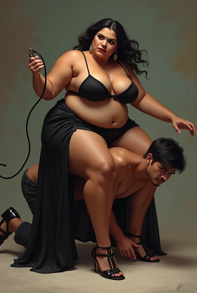 (photorealism:1.2) A dominant lady mistess in black saree inserting a dildo inside a fat male ass slave