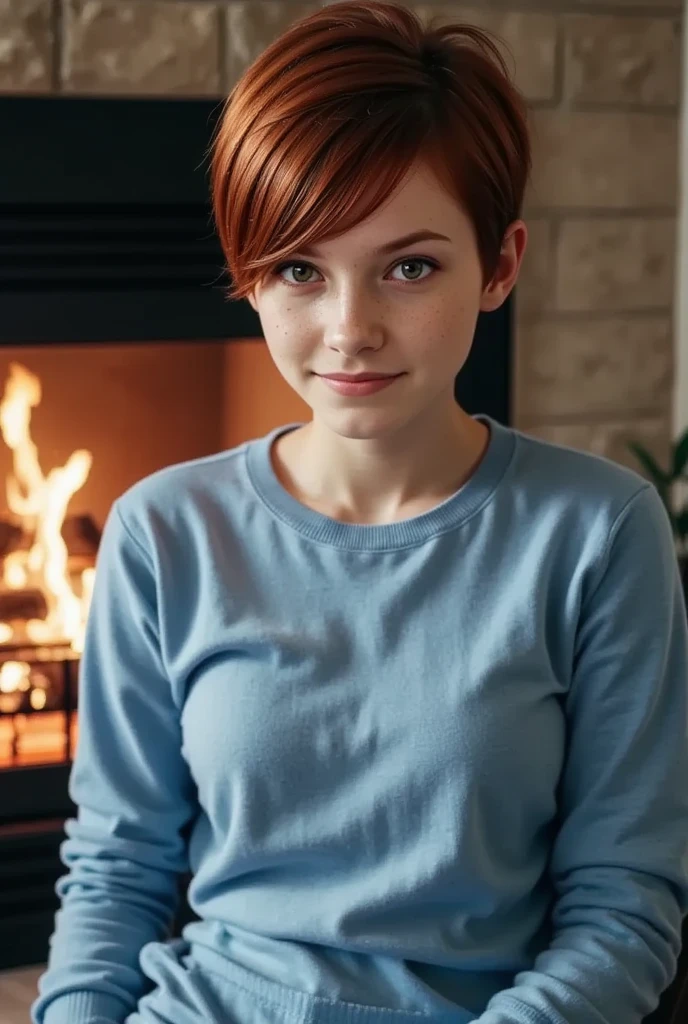 young girl, feminine figure, redhead, freckles, best quality, realistic skin texture, photography, detailed facial features, film grain texture and high contrast, extremely high-resolution details, photographic, photorealistic, hyper-realistic, HDR, masterpiece, ((very short pixie style hair)), thin waist, wide hips, sitting in front of the fire in the living room, wearing a blue sweater and sweatpants, smiling