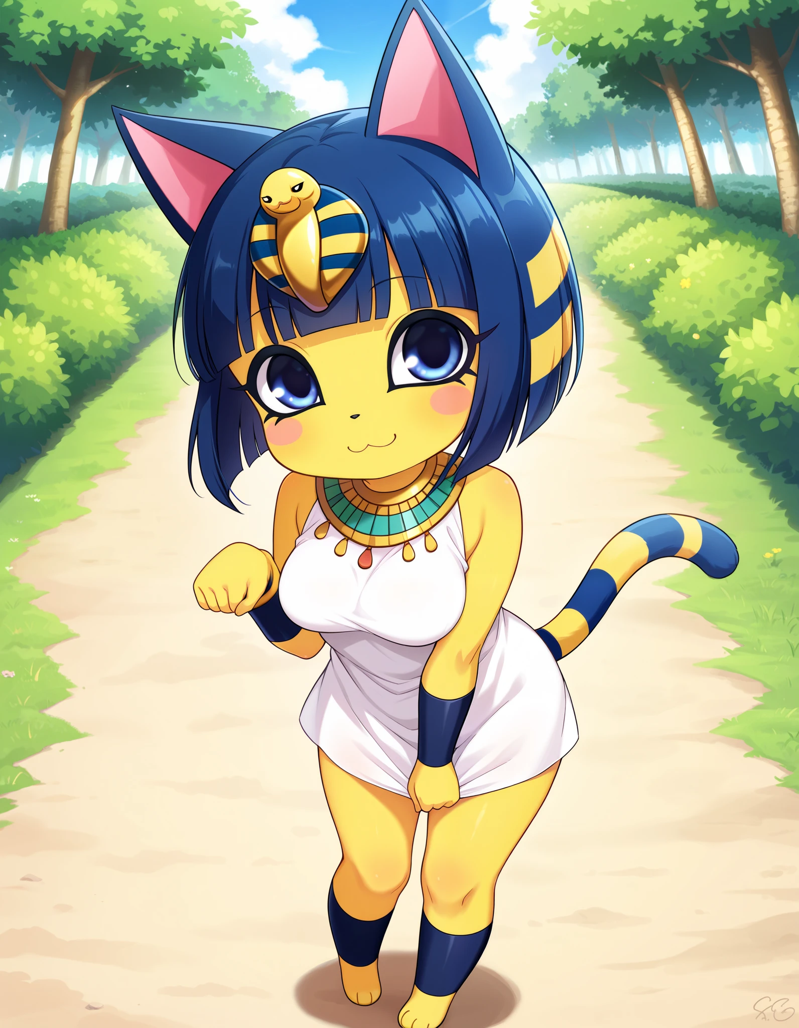 score_9, score_8_up, score_7_up, source_anime, rating_safe, best quality, masterpiece,  
BREAK
ankha (animal crossing), 1girl, ;3, animal ears, standing, looking at viewer, blue eyes, blue hair, cat ears, cat tail, closed mouth, colored skin, female focus, looking at viewer, outdoors, short hair, medium breasts, smile, solo, standing, tail, thighs, yellow skin, white dress, female focus, outdoors
