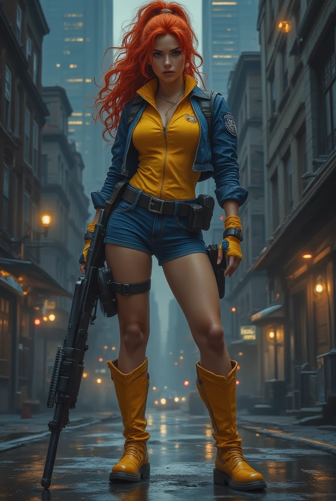 full body and feet ultra high definition image of a gorgeous redhead gifted woman with curly hair and ponytail holding a bazooka weapon posing in the city, applying rule of thirds. She is wearing a yellow tight top with blue sleeves with police insignia, blue tight shorts, black leather tactical belt, yellow leather over the knee high heel boots with blue details, city street background. night.