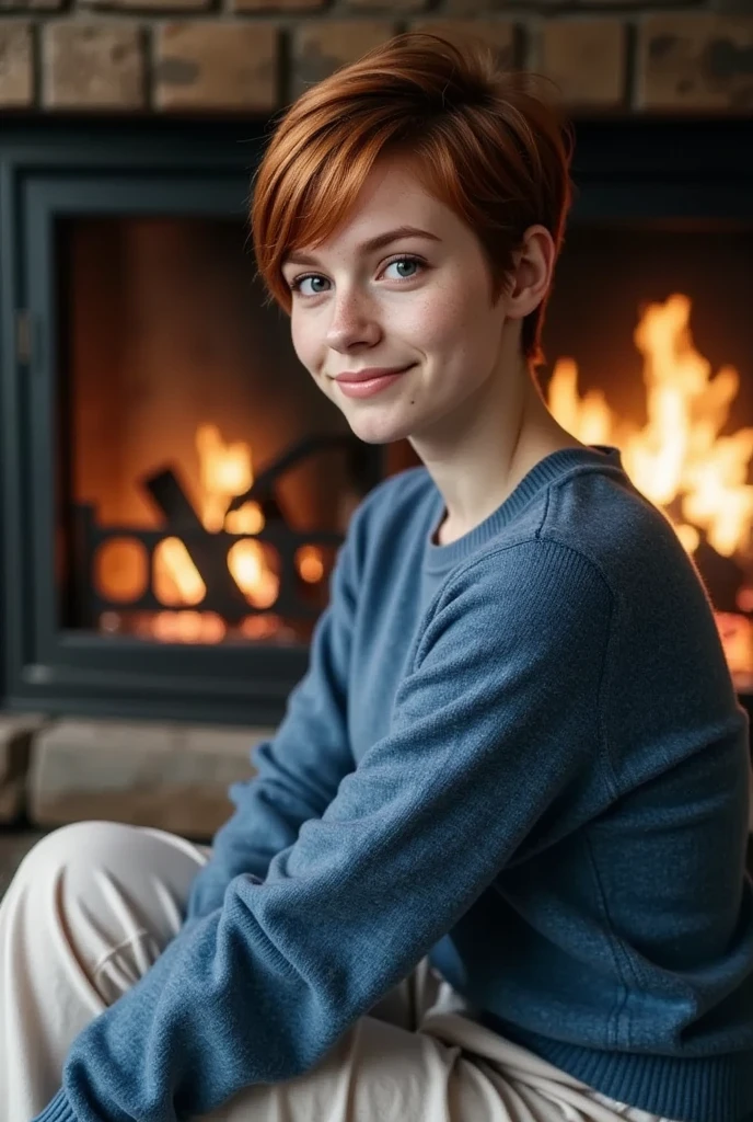 young woman, feminine figure, redhead, freckles, best quality, realistic skin texture, photography, detailed facial features, film grain texture and high contrast, extremely high-resolution details, photographic, photorealistic, hyper-realistic, HDR, masterpiece, ((very short pixie style hair)), thin waist, wide hips, sitting in front of the fire in the living room, wearing a blue sweater and sweatpants, smiling