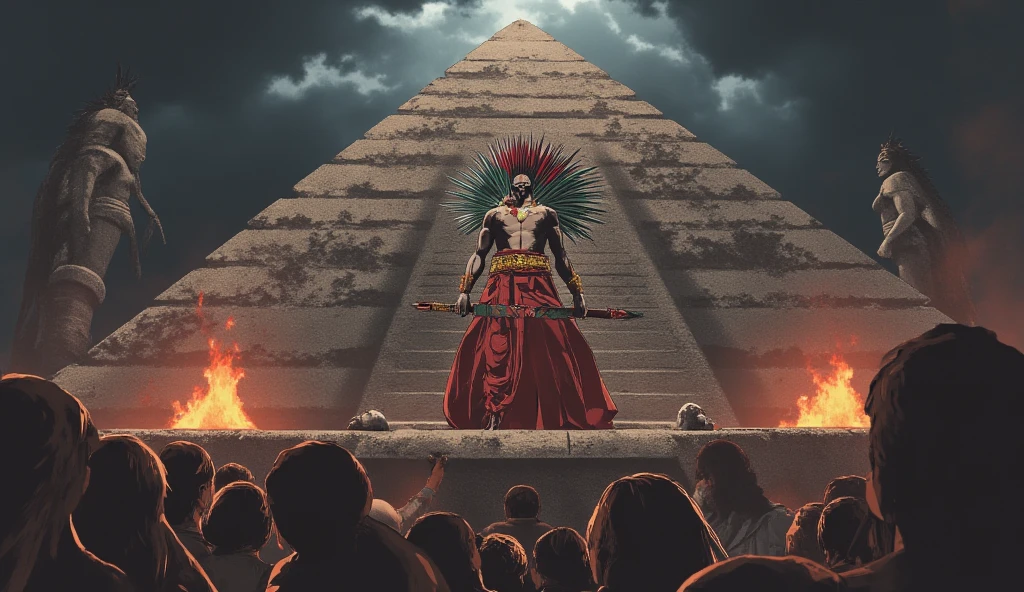 masterpiece:1.2, exceptional quality, cinematic experience, best illustration:2.0), (ultra-high resolution), (super detailed), (8k), (American comic style:2.0).

Draw a powerful scene at the peak of a grand Aztec pyramid under a dark, stormy sky. In the foreground, a fierce Aztec priest stands in the midst of a ritual sacrifice. He is adorned in elaborate ceremonial attire, with an intricate headdress made of deep red, green, and blue feathers, each feather meticulously detailed and rising above him like a crown. His face is painted in black and red to resemble a skull, his eyes piercing and intense. His muscular arms, decorated with golden bracelets, hold a sharp obsidian knife above the sacrificial altar, its dark blade glinting ominously.

The priest’s chest is covered with symbols of power in earthy colors, and he wears a chest piece adorned with jaguar teeth and jade stones, symbolizing his high rank and connection to the gods. A belt made of woven fibers and decorated with skulls and bones wraps around his waist, emphasizing his role in this ritual. Below him on the stone slab lies a bound warrior, his chest opened, revealing a still-beating heart, while a crowd gathers below the pyramid, their faces a mix of awe and dread. Fires burn beside massive statues of Aztec deities, casting flickering shadows across the scene, with blood-stained stone steps leading down from the altar. The entire scene is thick with tension, capturing the raw power, intensity, and reverence of this ancient ritual