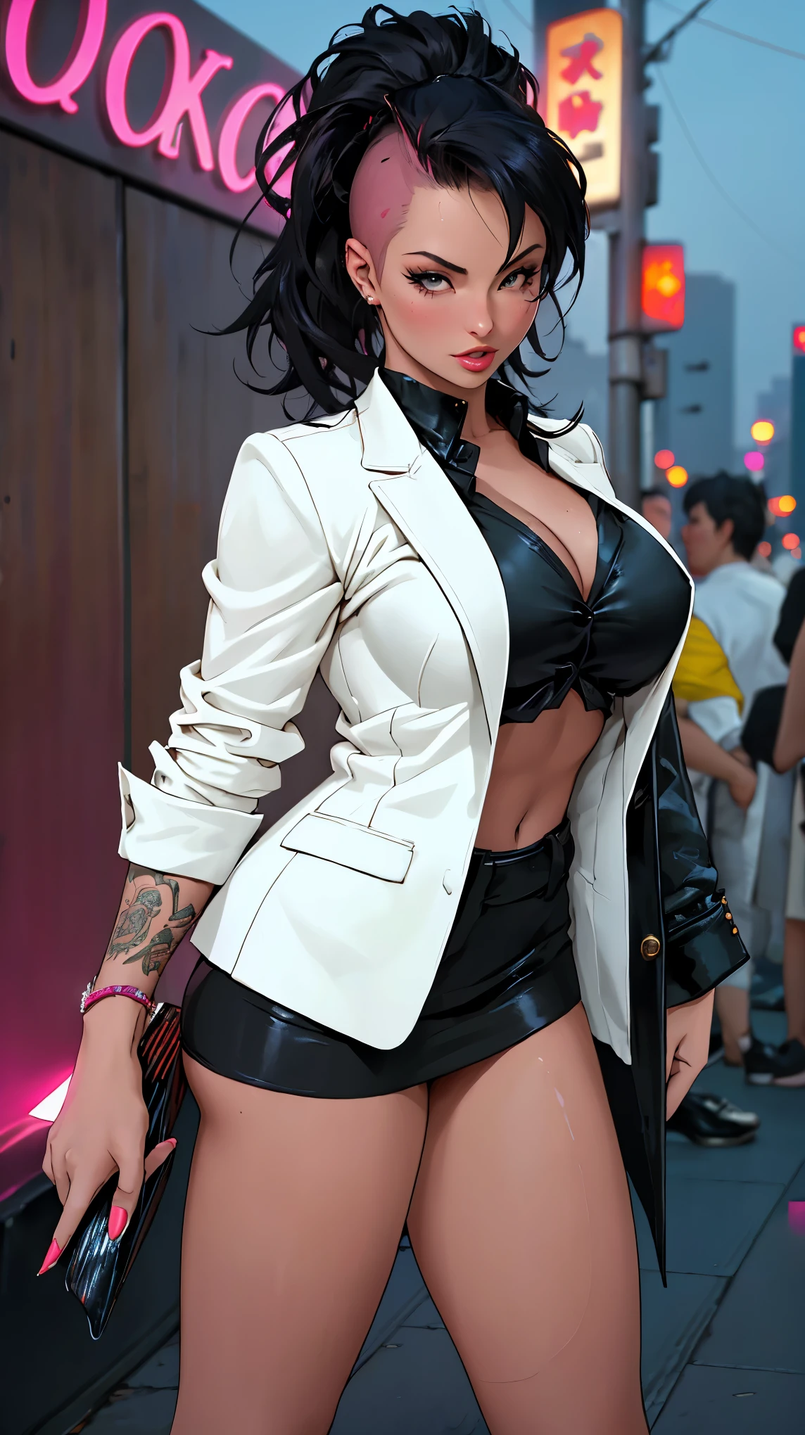 (masterpiece, best quality, highres, ultra-detailed), 1woman, long wave black hair, green eyes, handsome, detailed eyes and face, perfect body, earrings, ear piercing,  unbuttoned black blazer, white shirt, trousers, bare collarbones, chain necklace, city slums background, by amano akira