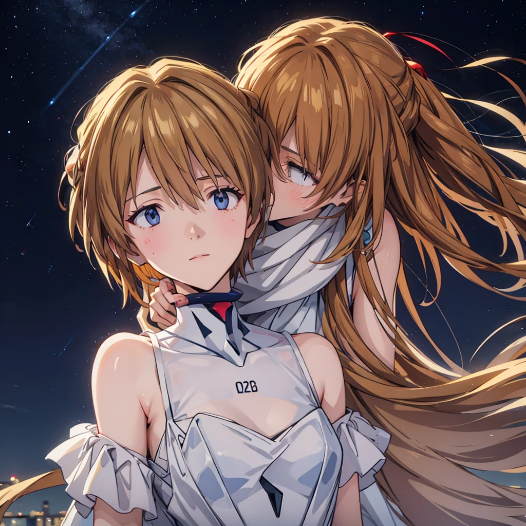 1girl wearing yellow dress, 1boy wearing formal clothing, Asuka Langley and Shinji Ikari from Evangelion, moonlit date scene, Yoshiyuki Sadamoto art style, beautiful detailed eyes, beautiful detailed lips, extremely detailed eyes and face, long eyelashes, romantic atmosphere, moonlight glow, pastel colors, soft lighting, peaceful expression, tender moment, high quality, 8k, hyper detailed, masterpiece