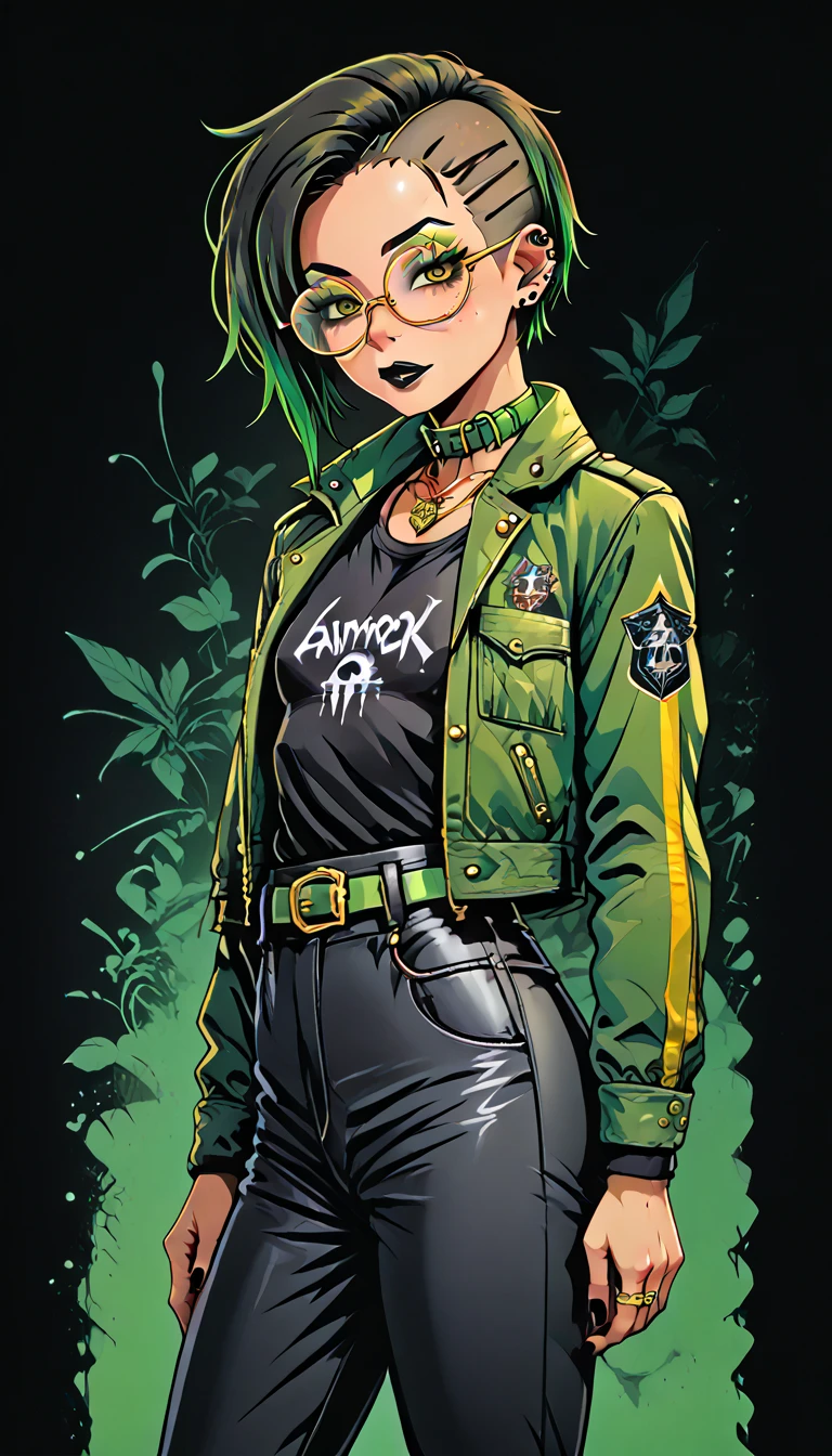 1boy;Androgynous;Japanese;dark brown punk undercut hair;gold eyes;freckled skin;toned,athletic body;black lip gloss;black eyeliner;green eyeshadow;sharp black nails;round glasses;black tight shirt;black Cargo pants;green belt;Green Canvas Jacket;Combat Boots;amber pendant;green collar;pierced ears;GothMOONXL
