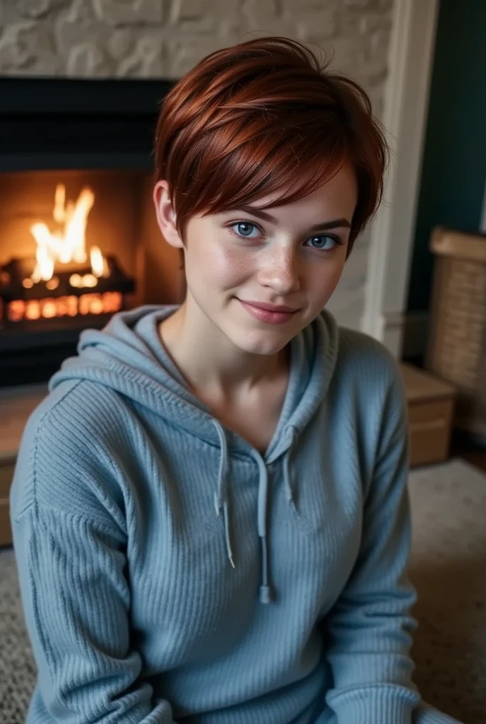 young woman, feminine figure, redhead, freckles, best quality, realistic skin texture, photography, detailed facial features, film grain texture and high contrast, extremely high-resolution details, photographic, photorealistic, hyper-realistic, HDR, masterpiece, ((very short pixie style hair)), thin waist, wide hips, sitting in front of the fire in the living room, wearing a blue sweater and sweatpants, smiling