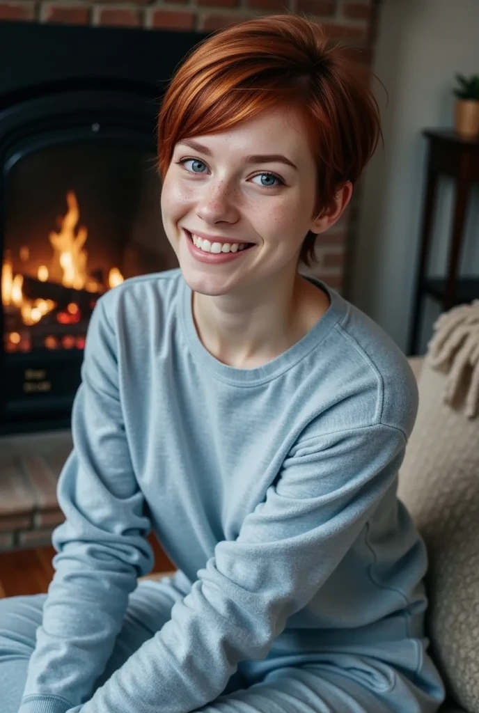 young 21y female, feminine figure, redhead, freckles, best quality, realistic skin texture, photography, detailed facial features, film grain texture and high contrast, extremely high-resolution details, photographic, photorealistic, hyper-realistic, HDR, masterpiece, ((very short pixie style hair)), thin waist, wide hips, sitting in front of the fire in the living room, wearing a blue sweater and sweatpants, smiling