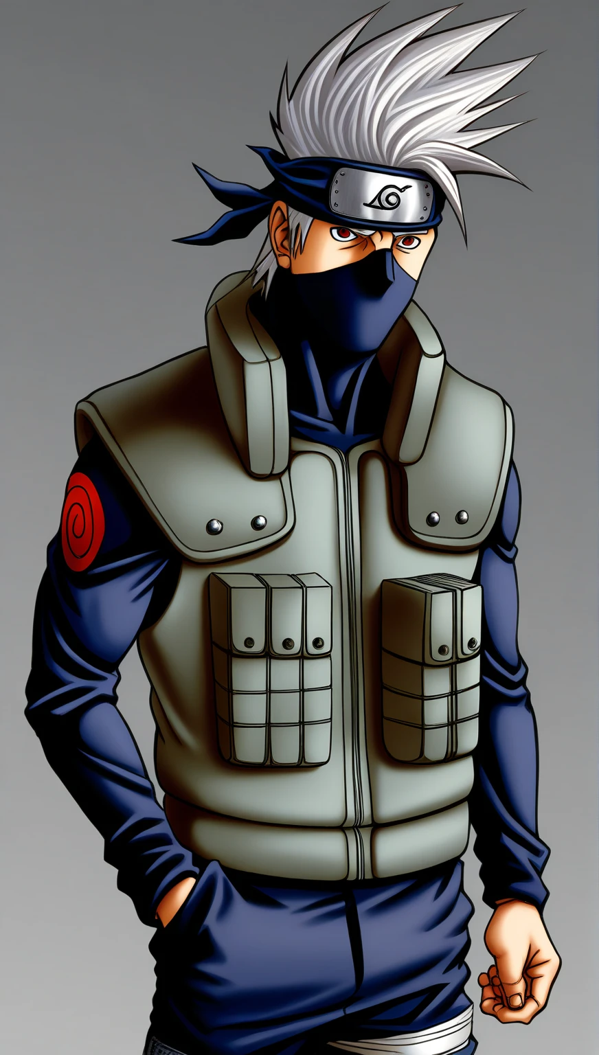 (simple background, grey background), ((full-body)), feet out the frame, standing, 1man, kakashi, Hatake Kakashi, Naruto, mask, extremely detailed face, grey hair, solo, sexy man, handsome, ninja clothes, (masterpiece, best quality, HDR, absurd resolution, high resolution, ultra detailed)