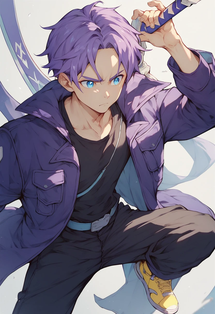  Purple Jacket, black sleeveless t-shirt under ,  black pants , Sword in the back,  blue eyes , black pupil, Purple hair,  yellow shoes with black tips