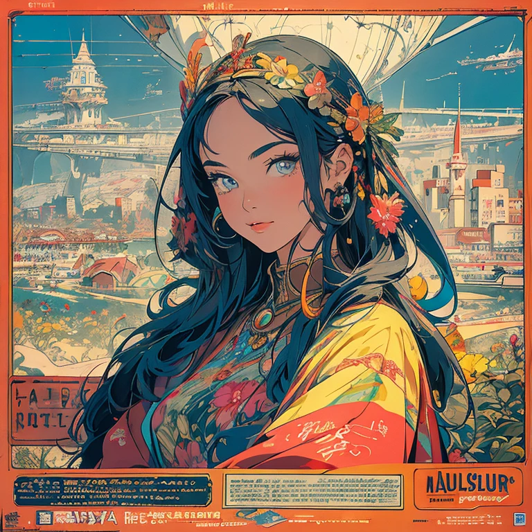 (masterpiece, Highest quality), 32K,(Highly detailed beautiful woman), Poster,sf,1960s,1970s,Bauhaus, shape, Abstract,movie Poster, Vintage,Retro,Future Anime,The ultimate map,highlight,Very detailed glowing eyes,Cleavage,Complex patterns,Redhead